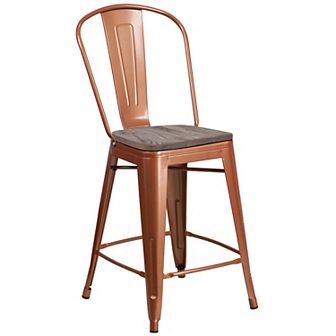 Flash Furniture 24" High Metal Counter Height Stool with Back and Wood Seat