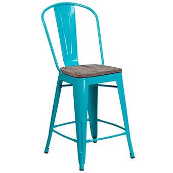 Flash Furniture 24" High Metal Counter Height Stool with Back and Wood Seat
