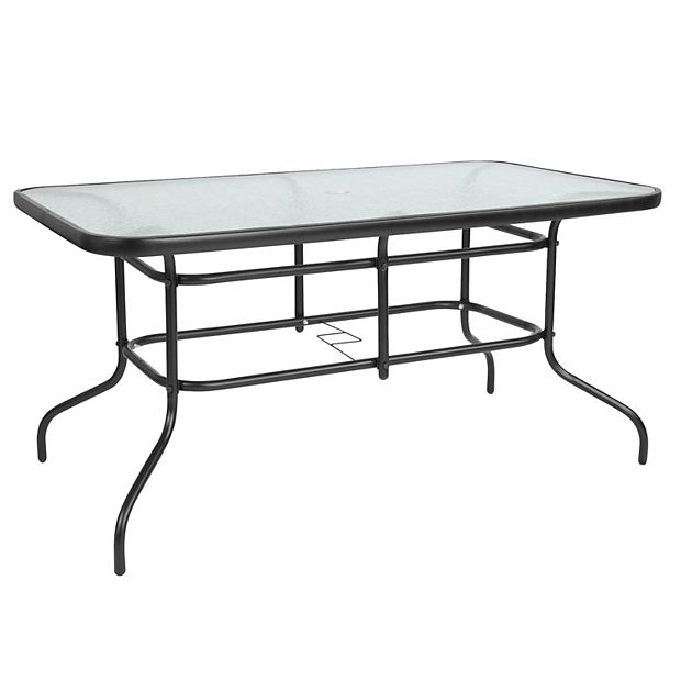 8 glass top rectangular patio dining table with umbrella hole Outdoor for Person, 71" Aluminum Fram  Specialty Food Source resistant glass and powder 8-Person Patio Dining Table with