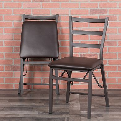 Flash Furniture 2 PK Brown Folding Ladder Back Metal Chair - Brown Vinyl Seat - Dining Furniture