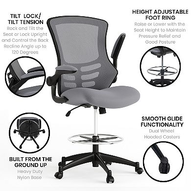Flash Furniture Mid-Back Ergonomic Drafting Chair with Adjustable Foot Ring and Flip-Up Arms