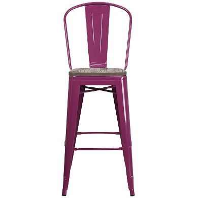 Flash Furniture 30" High Metal Barstool with Back and Wood Seat