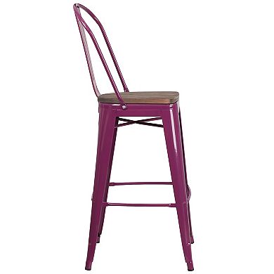 Flash Furniture 30" High Metal Barstool with Back and Wood Seat