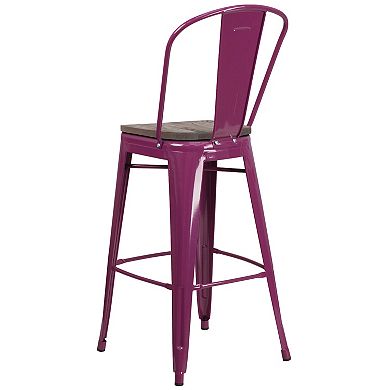 Flash Furniture 30" High Metal Barstool with Back and Wood Seat