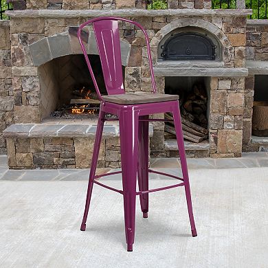 Flash Furniture 30" High Metal Barstool with Back and Wood Seat