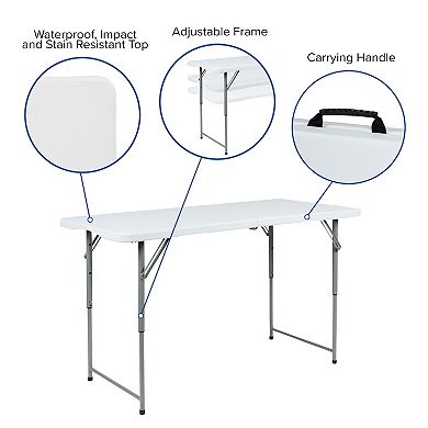 Flash Furniture Height Adjustable Bi-Fold Plastic Folding Table with Carrying Handle