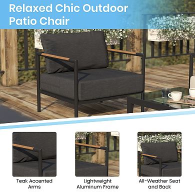 Flash Furniture Aluminum Frame Patio Chair with Teak Arm Accents and Plush Cushions