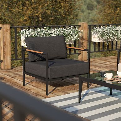Flash Furniture Aluminum Frame Patio Chair with Teak Arm Accents and Plush Cushions