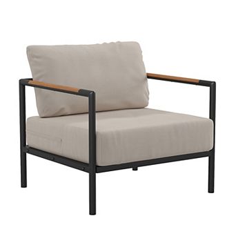 Flash Furniture Aluminum Frame Patio Chair with Teak Arm Accents and Plush Cushions