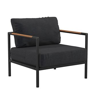 Flash Furniture Aluminum Frame Patio Chair with Teak Arm Accents and Plush Cushions