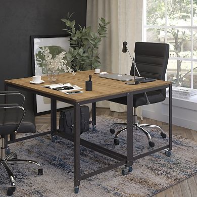 Flash Furniture Computer Table and Desk in Brown Oak Wood Grain Finish with Metal Wheels