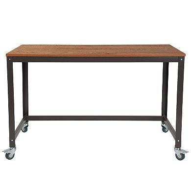 Flash Furniture Computer Table and Desk in Brown Oak Wood Grain Finish with Metal Wheels