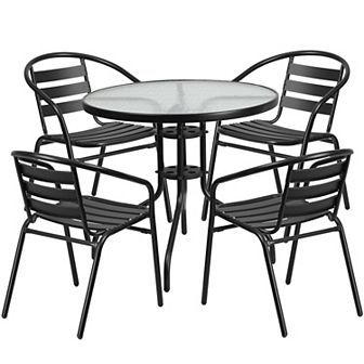 Flash Furniture 31.5" Round Glass Metal Table with 4 Metal Aluminum Slat Stack Chairs
