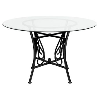 Flash Furniture 48'' Round Glass Dining Table with Curl Accent Matte Metal Frame