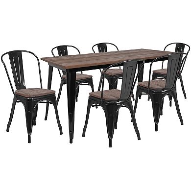Flash Furniture 30.25" x 60" Metal Table Set with Wood Top and 6 Stack Chairs