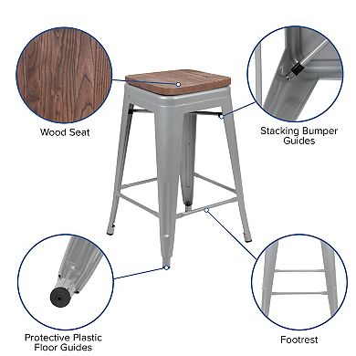 Flash Furniture 4 Pack 24" High Metal Indoor Counter Bar Stool with Wood Seat - Stackable Stool