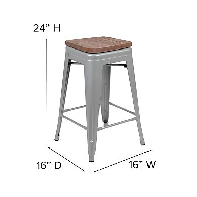 Flash Furniture 4 Pack 24" High Metal Indoor Counter Bar Stool with Wood Seat - Stackable Stool