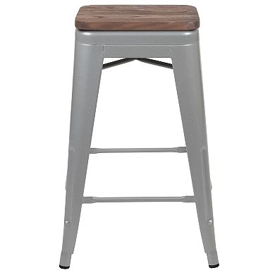 Flash Furniture 4 Pack 24" High Metal Indoor Counter Bar Stool with Wood Seat - Stackable Stool