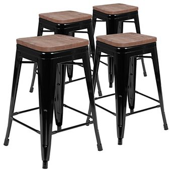 Flash Furniture 4 Pack 24" High Metal Indoor Counter Bar Stool with Wood Seat - Stackable Stool