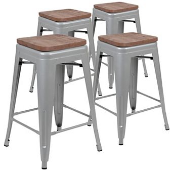 Flash Furniture 4 Pack 24" High Metal Indoor Counter Bar Stool with Wood Seat - Stackable Stool
