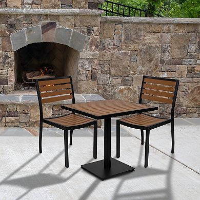 Flash Furniture Outdoor Patio Bistro Dining Table Set with 2 Chairs and Faux Teak Poly Slats