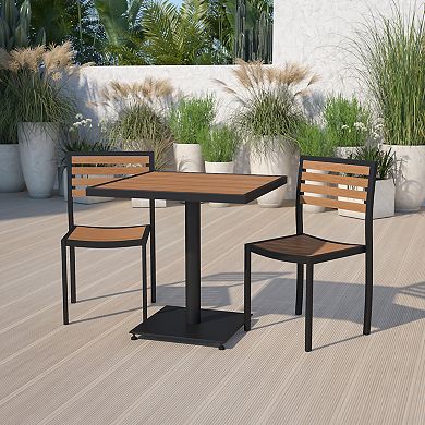 Flash Furniture Outdoor Patio Bistro Dining Table Set with 2 Chairs and Faux Teak Poly Slats
