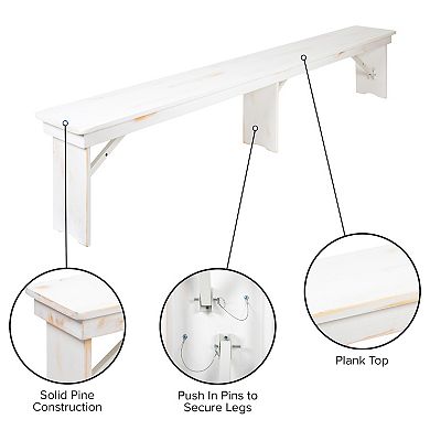 Flash Furniture 8' x 12" Antique Rustic Solid Pine Folding Farm Bench with 3 Legs