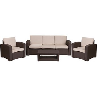 Flash Furniture 4 pc Outdoor Faux Rattan Chair, Sofa and Table Set in Chocolate Brown