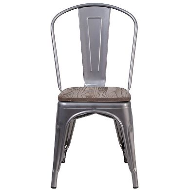 Flash Furniture Clear Coated Metal Stackable Chair with Wood Seat