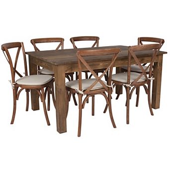 Flash Furniture 60" x 38" Antique Rustic Farm Table Set with 6 Cross Back Chairs and Cushions