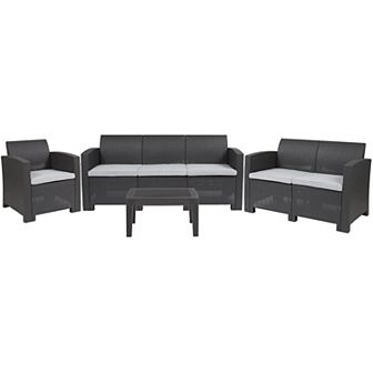 Flash Furniture 4 pc Outdoor Faux Rattan Chair, Loveseat, Sofa and Table Set