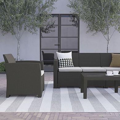 Flash Furniture 4 Piece Outdoor Faux Rattan Chair, Loveseat, Sofa and Table Set