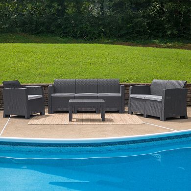 Flash Furniture 4 Piece Outdoor Faux Rattan Chair, Loveseat, Sofa and Table Set