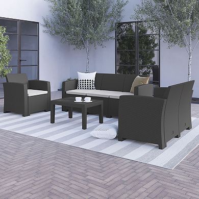 Flash Furniture 4 Piece Outdoor Faux Rattan Chair, Loveseat, Sofa and Table Set