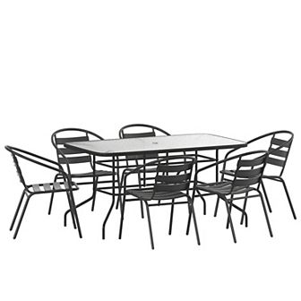 Flash Furniture 7 pc Patio Dining Set - Glass Table, 6 Flex Stack Chairs