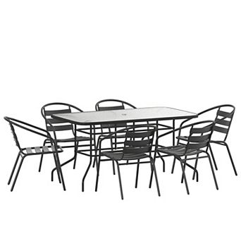 Flash Furniture 7 pc Patio Dining Set - Glass Table, 6 Flex Stack Chairs