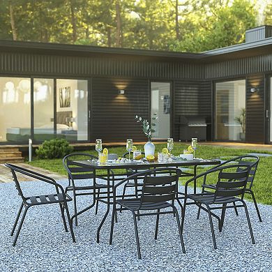 Flash Furniture 7 Piece Patio Dining Set - Glass Table, 6 Flex Stack Chairs