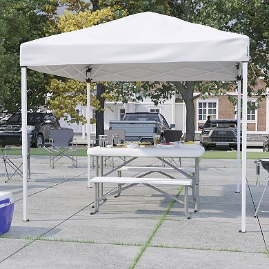 Flash Furniture 8' x 8' Pop Up Canopy with Carry Bag and Folding Table with Benches Set