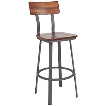 Flash Furniture Rustic Walnut Restaurant Barstool with Wood Seat & Back & Gray Powder Coat Frame