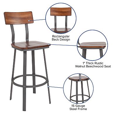 Flash Furniture Rustic Walnut Restaurant Barstool with Wood Seat & Back & Gray Powder Coat Frame