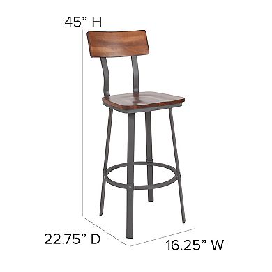 Flash Furniture Rustic Walnut Restaurant Barstool with Wood Seat & Back & Gray Powder Coat Frame