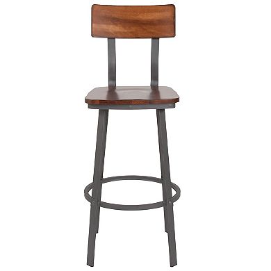 Flash Furniture Rustic Walnut Restaurant Barstool with Wood Seat & Back & Gray Powder Coat Frame