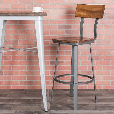 Flash Furniture Rustic Walnut Restaurant Barstool with Wood Seat & Back & Gray Powder Coat Frame
