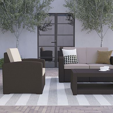 Flash Furniture 4 Piece Outdoor Faux Rattan Chair, Loveseat and Table Set in Chocolate Brown