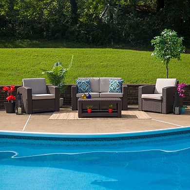 Flash Furniture 4 Piece Outdoor Faux Rattan Chair, Loveseat and Table Set in Chocolate Brown