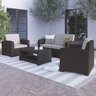 Flash Furniture 4 Piece Outdoor Faux Rattan Chair, Loveseat and Table Set in Chocolate Brown