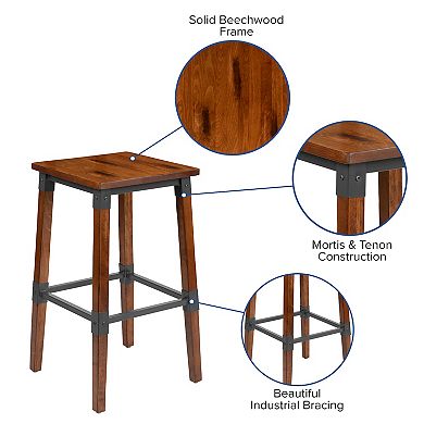 Flash Furniture 2 Pack Commercial Grade Rustic Industrial Style Backless Wood Barstool
