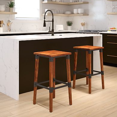 Flash Furniture 2 Pack Commercial Grade Rustic Industrial Style Backless Wood Barstool