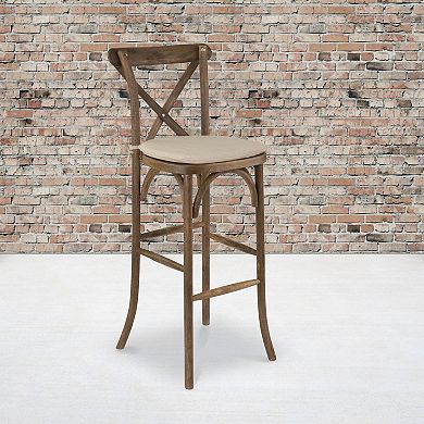 Flash Furniture 350lb. Rated Dark Antique Wood Cross Back Stackable Barstool with Cushion