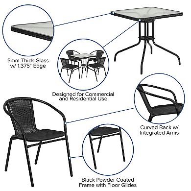 Flash Furniture 28'' Square Glass Metal Table with Rattan Edging and 4 Rattan Stack Chairs